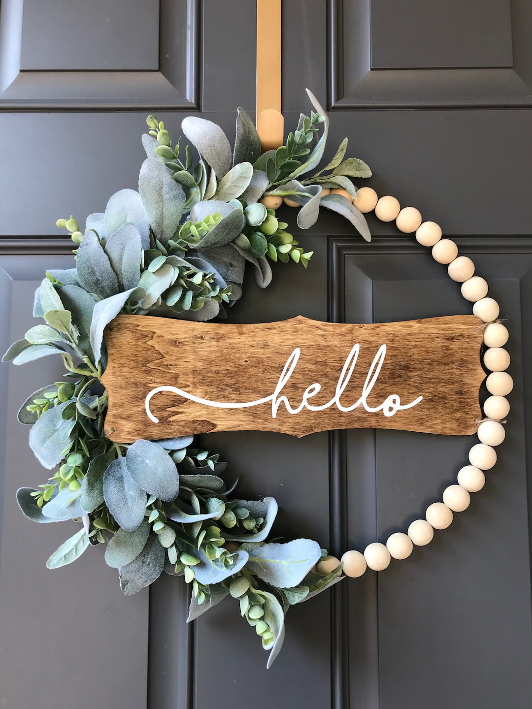 Hello Front Door Wreath Neutral Modern Wood Bead Hoop Wreath