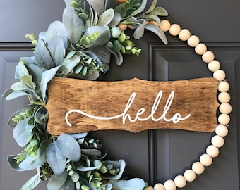 Hello Front Door Wreath, Neutral Modern Wood Bead Hoop Wreath, Hoop Wreath with Lambs Ear and Eucalyptus, Year Round Wreath