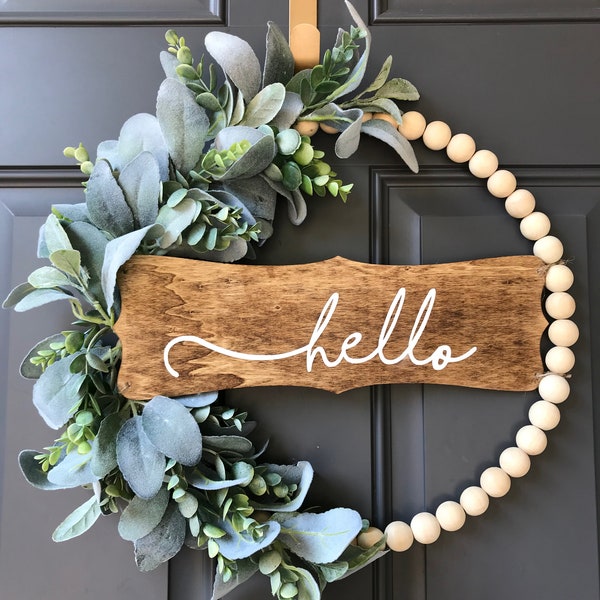 Hello Front Door Wreath, Neutral Modern Wood Bead Hoop Wreath, Hoop Wreath with Lambs Ear and Eucalyptus, Year Round Wreath