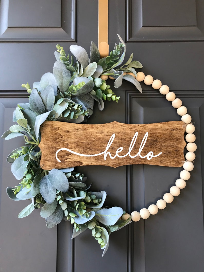 Hello Front Door Wreath, Neutral Modern Wood Bead Hoop Wreath, Hoop Wreath with Lambs Ear and Eucalyptus, Year Round Wreath image 1