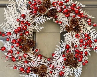 Modern Christmas Wreath, Winter White Wreath, Elegant Christmas Wreath, Red Berries & Pinecone Wreath, Winter Decor, Christmas Decor
