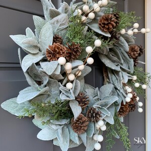 Winter Lambs Ear Wreath With White Berries, Christmas Wreath, Farmhouse ...