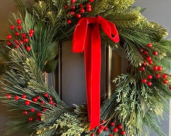 Christmas Front Door Wreath, Red Velvet Bow Wreath, Evergreen and Red Berries Wreath, Cedar & Pine Wreath, Holiday Wreath