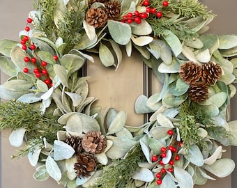 Winter Lamb's Ear Wreath, Farmhouse Wreath, Evergreen, Red Berries & Pinecone Wreath, Holiday Front Door Wreath, Christmas Greenery Wreath