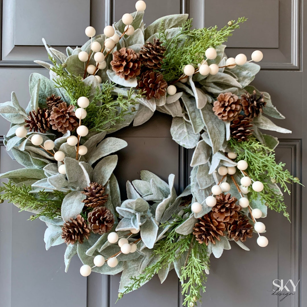 Winter Lambs Ear Wreath With White Berries, Christmas Wreath, Farmhouse ...