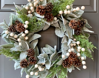 Winter Lambs Ear Wreath With White Berries, Christmas Wreath, Farmhouse Wreath, Holiday Decor, Front Door Wreath, Front Door Wreath