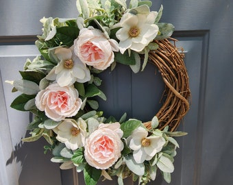 Spring Wreath for Front Door, Pink Cabbage Rose and Magnolia Wreath with Lambs Ear, Gift for Mom, Summer Wreath, Cottage Style Wreath