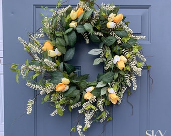 Spring Wreath, Front Door Wreath, Tulip Wreath, Yellow Flowers Wreath, Greenery Wreath with White Berries, Year Round Wreath, Summer Wreath