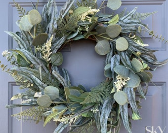 Spring Wreath For Front Door, Year Round Eucalyptus Wreath, Greenery Wreath with Mixed Eucalyptus and Ferns, Summer Wreath