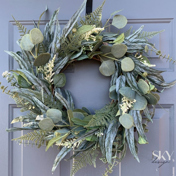 Spring Wreath For Front Door, Year Round Eucalyptus Wreath, Greenery Wreath with Mixed Eucalyptus and Ferns, Summer Wreath