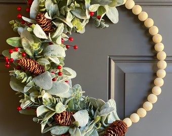 Modern Christmas Wreath, Winter Wreath, Christmas Wreath, Hoop Wreath, Lambs Ear and Red Berries Wreath, Winter Decor, Christmas Decor