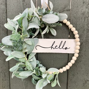 Hello Front Door Wreath, Neutral Modern Wood Bead Wreath, Hoop Wreath with Lambs Ear and Eucalyptus, Year Round Wreath, Canvas Hoop Wreath