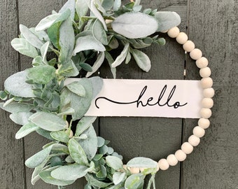 Hello Front Door Wreath, Neutral Modern Wood Bead Wreath, Hoop Wreath with Lambs Ear and Eucalyptus, Year Round Wreath, Canvas Hoop Wreath