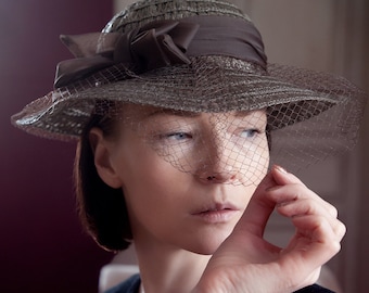 Vintage grey summer hat with tulle or veil hat for woman