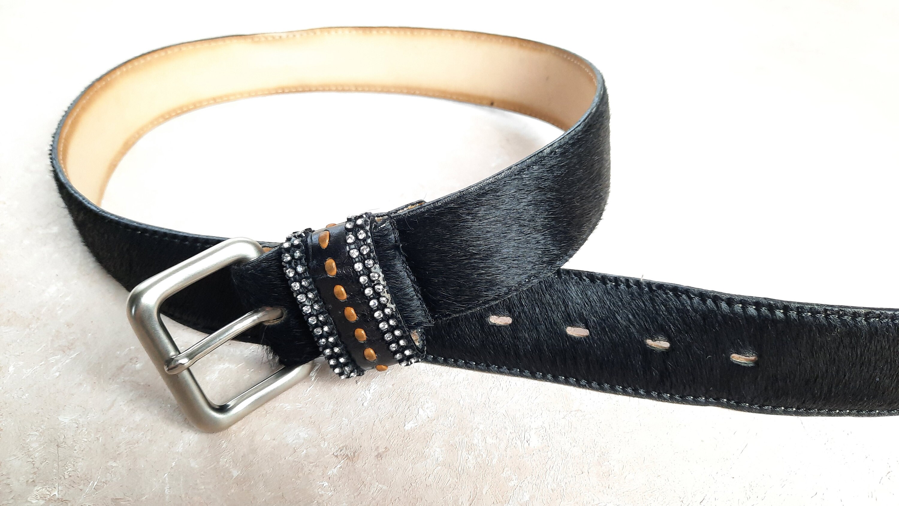 Vintage ALALUNA Black Animal Feather Cowhide Leather Belt - Etsy