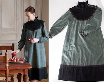 Vintage grey - green medieval style cotton midi dress with black laces, pockets and belt