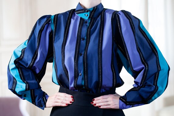 Vintage Lo Fehrling Ide Design Ballon Sleeve Blouse With Blue Violet and Black Lines Size 42 Etsy Canada