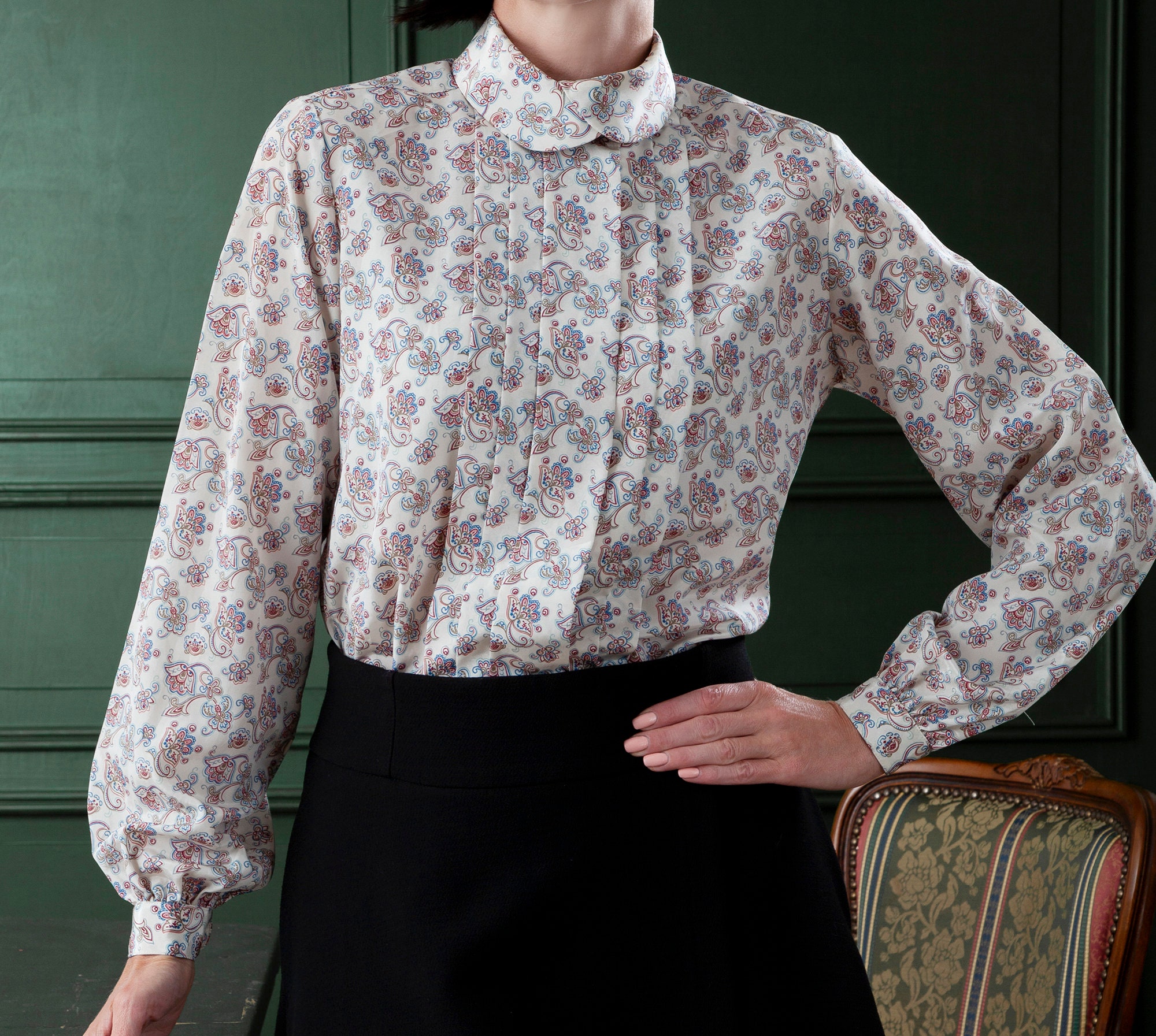 Euro vintage(ヨーロッパヴィンテージ) 60's~ Blueflower_flower print round collar blouse with ribbon バックリボン付き花柄丸襟シャツブラウス Euro vintage(ヨーロッパヴィンテージ) 60's~ Blueflower_flower