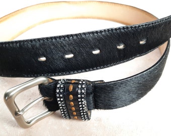 Vintage black ALALUNA animal feather cowhide leather belt