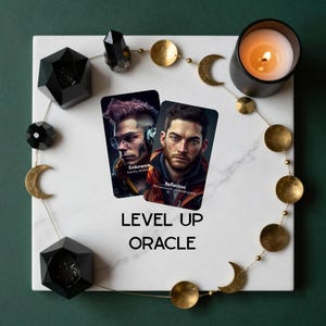 May include: Two rectangular oracle cards labeled Endurance and Reflection rest on a white marble square. A gold-toned moon phase chain encircles the cards, accompanied by two black geometric shapes, a black candle holder with a lit candle, and the text LEVEL UP ORACLE.