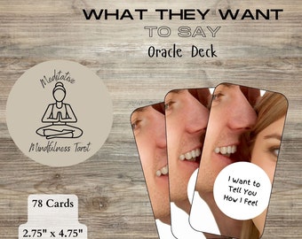 May include: A set of three oracle cards with a white background and a close-up image of a man whispering to a woman. The text on the card reads "I want to Tell You How I Feel". The cards are part of a 78-card oracle deck called "What They Want To Say" by Meditative Mindfulness Tarot. The cards are 2.75 inches by 4.75 inches.