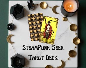 May include: Steampunk Seer Tarot Deck with a yellow card featuring a woman in a steampunk outfit. The deck is on a white marble surface, surrounded by decorative elements, including a lit candle and geometric black objects.