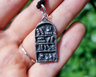 Hand-sculpted Fine Silver Miniature Witch Bookcase, Cabinet of Curiosities Pendant