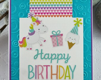 Kids Happy birthday card with unicorn, blank greeting card, Carte de joyeux anniversaire d'enfants avec la licorne, carte de voeux vierge