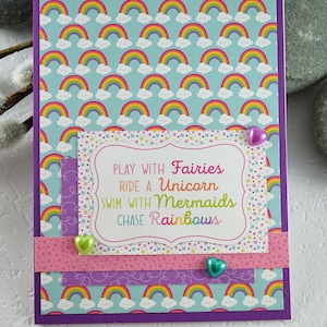 Kids greeting card, rainbow, fairies, blank greeting card, Carte de voeux pour enfants, arc-en-ciel, fées, carte de voeux vierge
