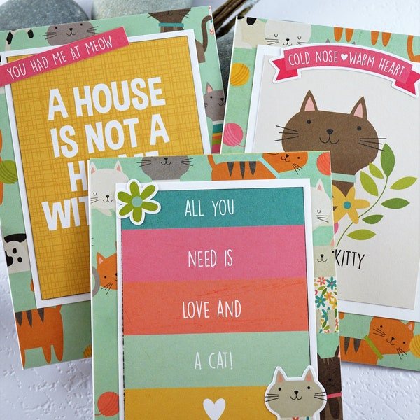 Set of 3 cat greeting cards, handmade, variety, with white envelope, Lot de 3 cartes de voeux de chat, variété, avec enveloppe blanche
