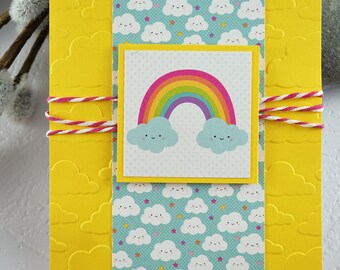 Yellow greeting card, cloud motif, birthday card, rainbow, Carte de voeux jaune, motif nuage, carte de fête