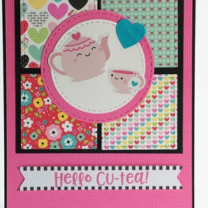 Hello cu-tea blank greeting card, cute tea cup and pot, blank card, pink, black, carte de voeux, tasse et pot de thé mignon, sans text
