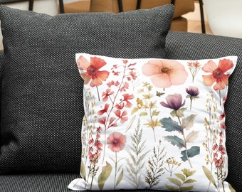 Pressed Flowers Pillow, Colorful Square Wildflowers Throw PillowCase with Pillow Included, Floral Accent Pillow, Cottage core Home Décor