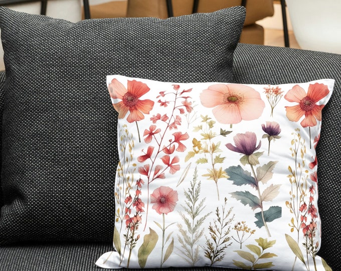 Pressed Flowers Pillow, Colorful Square Wildflowers Throw PillowCase with Pillow Included, Floral Accent Pillow, Cottage core Home Décor