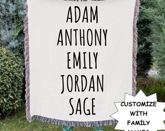 May include: A cream-colored woven throw blanket with black fringe and the names Adam, Anthony, Emily, Jordan, and Sage printed in black. A white starburst graphic reads "Customize with Family Names".
