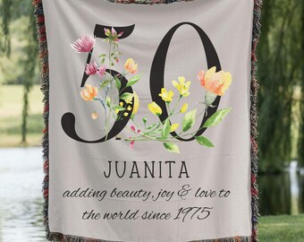 Personalized 50th Birthday Woven Throw Blanket: Natural Cotton, Colorful Fringe