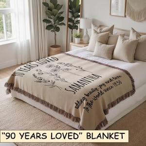 Personalized 90th Birthday Woven Throw Blanket: Grandma's Milestone Gift Turning 90 years Blanket Gift for Nana, 90 Years Loved Blanket