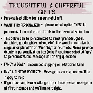 May include: Text on a white background reads "THOUGHTFUL & CHEERFUL GIFTS." Bullet points describe personalised pillows, including options for personalisation, wording, and custom requests. The text also mentions discounted shipping.