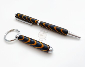 Hand Turned Wooden Ballpoint Pen & Keychain (As Set or Single) - Swirl Composite Deep Blue and Yellow Woods - CHROME