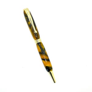 Hand Turned Acrylic Ballpoint Pen - Black and Gold Swirl- 3-Ring Gold Tone