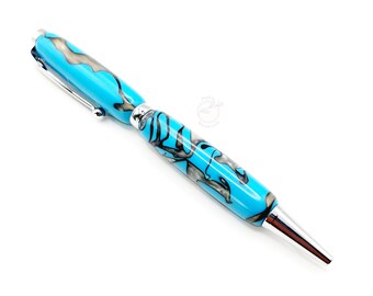 Hand Turned Acrylic Ballpoint Pen - Teal Blue With White Swirl - Chrome Tone