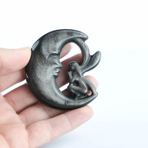2.3&quot; Natural Silver Obsidian Fairy Moon Crystal, Fairy Moon Carving, Energy Crystal, Home Décor, Special Gift, Crystal Healing
