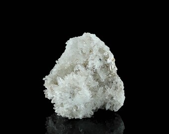 Può includere: Un gruppo di cristalli di quarzo bianco con un aspetto delicato e piumato. I cristalli sono disposti in uno schema naturale e organico, creando una mostra unica e bellissima.