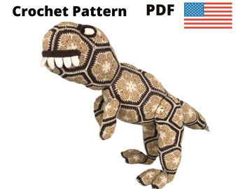 Pattern crochet Tyrannosaurus Dinosaur T-rex African Flower pdf toy kids big birthday gift idea Christmas winter English USA