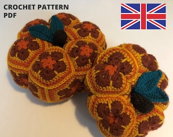 Crochet Pattern Halloween African Flower pumpkin PDF UK terms English