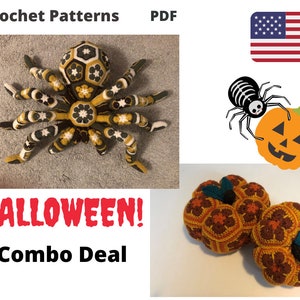 Combo Halloween Pattern crochet giant spider tarantula african flower Pumpkin pdf English USA