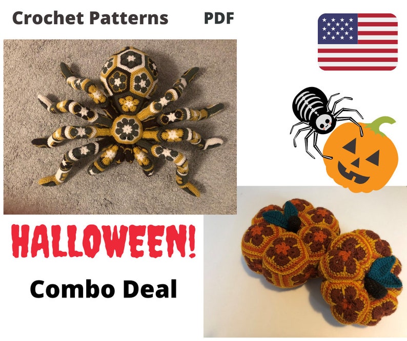 Combo Halloween Pattern crochet giant spider tarantula african flower Pumpkin pdf English USA image 1