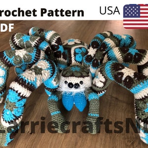 Pattern crochet giant Jumping spider african flower pdf Halloween toy kids big birthday gift idea English USA