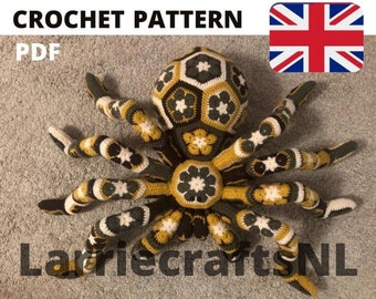 Pattern crochet giant spider tarantula african flower pdf Halloween toy kids big birthday gift idea English UK