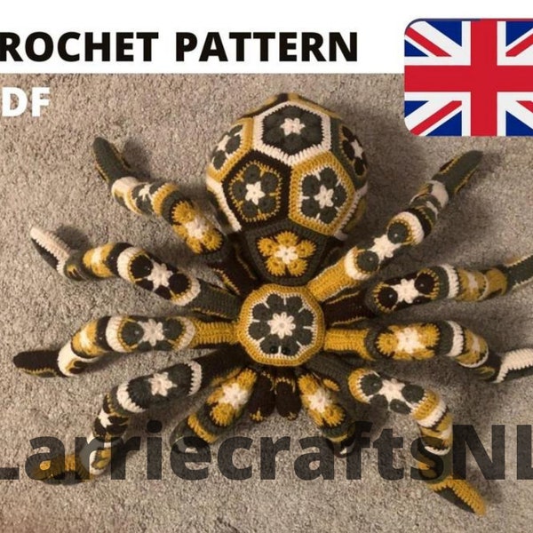 Pattern crochet giant spider tarantula african flower pdf Halloween toy kids big birthday gift idea English UK